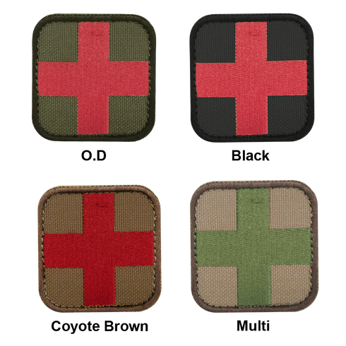 The Condor Medic Patch set includes four patches: olive with red cross (top left), black with red cross (top right), tan with red cross (bottom left), and khaki with green cross (bottom right)—ideal for bushcraft or military use.
