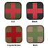 The Condor Medic Patch set includes four patches: olive with red cross (top left), black with red cross (top right), tan with red cross (bottom left), and khaki with green cross (bottom right)—ideal for bushcraft or military use.