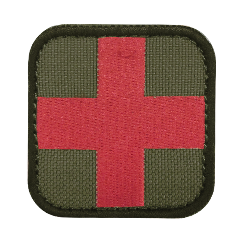 The Condor Medic Patch is a fabric military patch with a red cross on an olive green background and rounded black edges—ideal for bushcraft or use at the shooting range.
