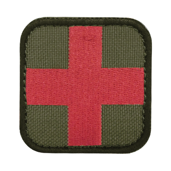 The Condor Medic Patch is a fabric military patch with a red cross on an olive green background and rounded black edges—ideal for bushcraft or use at the shooting range.