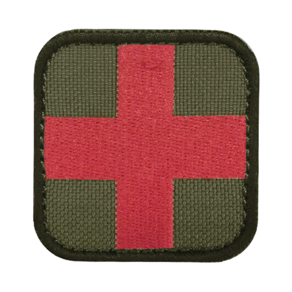 The Condor Medic Patch is a fabric military patch with a red cross on an olive green background and rounded black edges—ideal for bushcraft or use at the shooting range.