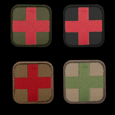 The Condor Medic Patch set includes four square patches for EDC: three display red crosses on green or tan, and one shows a green cross on tan/brown—ideal for First Responders and Law Enforcement professionals.