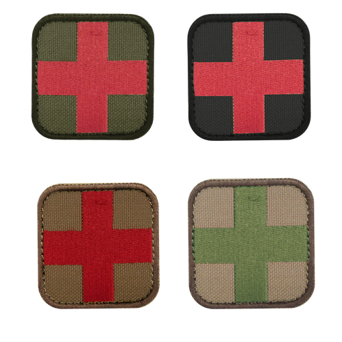 The Condor Medic Patch set includes four square patches for EDC: three display red crosses on green or tan, and one shows a green cross on tan/brown—ideal for First Responders and Law Enforcement professionals.