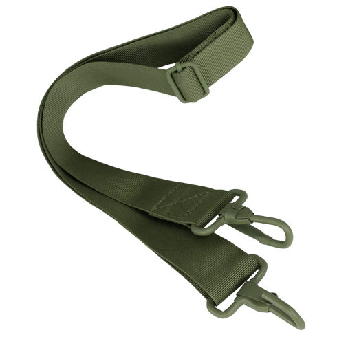 The Condor Shoulder Strap is an olive green adjustable nylon strap featuring two plastic clips on each end, ideal for use as a bag or gear shoulder strap.