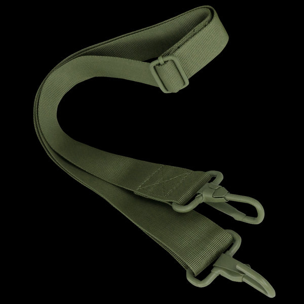 The Condor Shoulder Strap is an olive green adjustable nylon strap featuring two plastic clips on each end, ideal for use as a bag or gear shoulder strap.