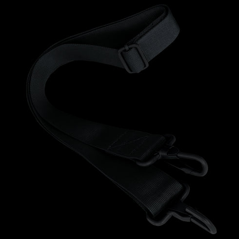 The Condor Shoulder Strap is a black, adjustable strap with two plastic hooks at each end, designed for carrying bags or similar items.