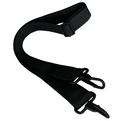 The Condor Shoulder Strap is a black, adjustable strap with two plastic hooks at each end, designed for carrying bags or similar items.