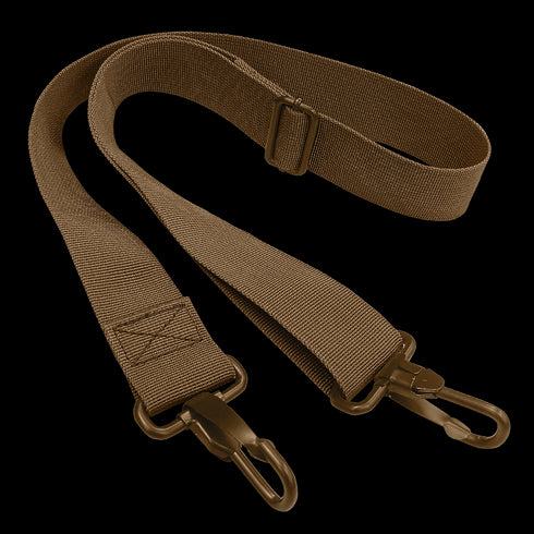 The Condor Shoulder Strap is a brown adjustable nylon strap featuring metal swivel snap hooks on both ends, ideal for bags or equipment.