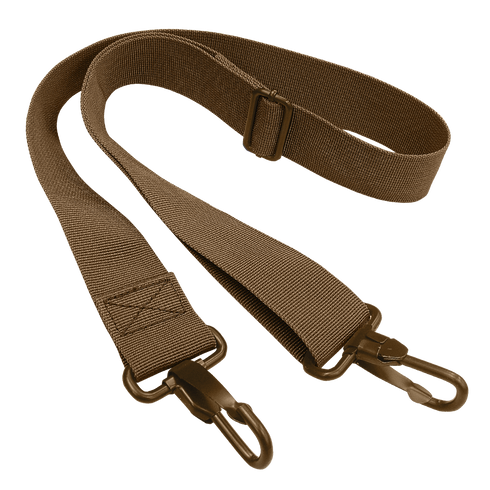 The Condor Shoulder Strap is a brown adjustable nylon strap featuring metal swivel snap hooks on both ends, ideal for bags or equipment.