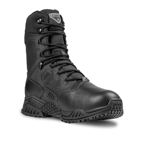 The Condor Brigade 8" Tactical Boot features a black design with a rugged sole, reinforced toe, mesh panels, and lace-up front, shown against a plain white background.