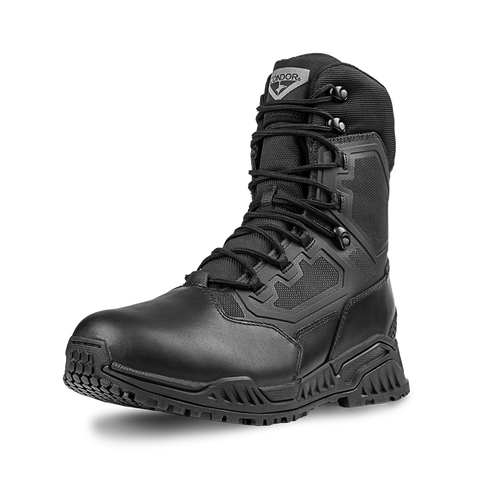The Condor Brigade 8" Tactical Boots in black feature reinforced toes, high ankle support, a textured sole, and a lace-up front, shown against a plain white background.