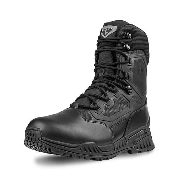 The Condor Brigade 8" Tactical Boots in black feature a rugged sole, reinforced toe, mesh panels, and lace-up front, shown on a white background.