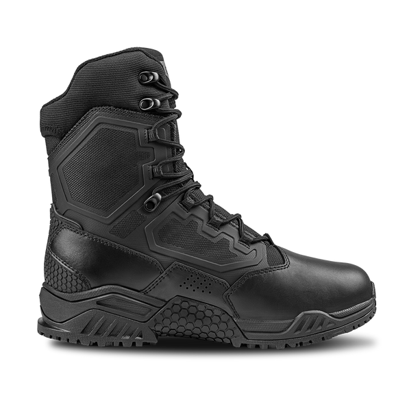 The Condor Brigade 8" Tactical Boots feature a black, high-ankle design with a textured sole, reinforced toe, and geometric panel accents, shown from the side on a white background.
