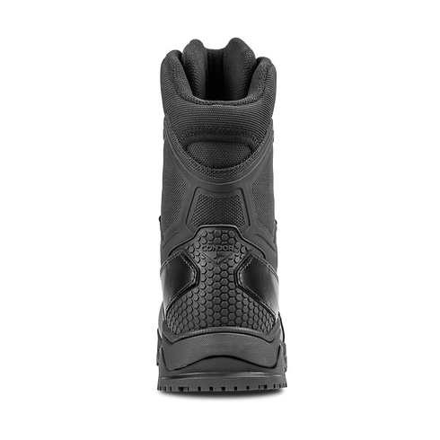 Rear view of a single black Brigade 8" Tactical Boot by Condor, featuring textured detailing and Condor branding above the heel.