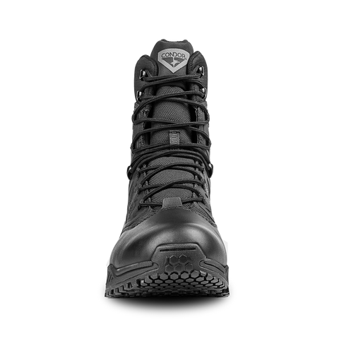 Front view of Condor Brigade 8" Tactical Boots in black with laces, rugged sole, and Condor logo on the tongue, shown against a plain white background.