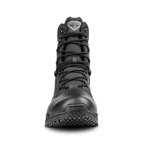 Front view of the Condor Brigade 8" Tactical Boots in black, showing tied laces, rugged sole, and Condor logo on the tongue.