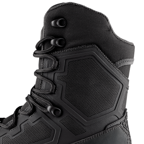 Close-up of Condor Brigade 8" Tactical Boots in black, featuring textured fabric, reinforced stitching, hexagonal rubber details, metal eyelets, and heavy-duty laces.