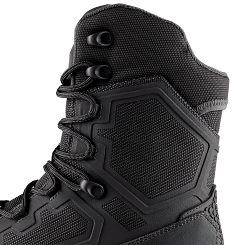 Close-up of Condor Brigade 8" Tactical Boots in black, featuring textured fabric, reinforced stitching, hexagonal rubber details, metal eyelets, and heavy-duty laces.
