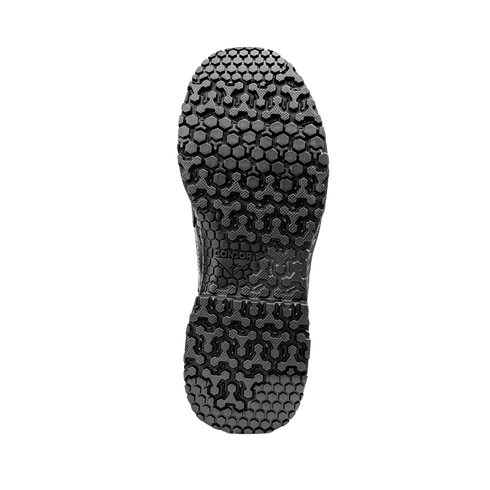 Close-up view of the black rubber sole on the Condor Brigade 8" Tactical Boots, highlighting its detailed hexagonal and patterned tread design.