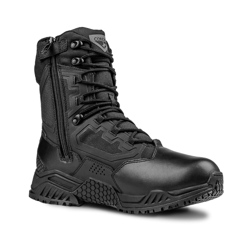 The Condor Brigade 8" Tactical Boots - Zip (Black) feature a side zipper, reinforced toe, textured sole, and lace-up front, shown against a plain light background.