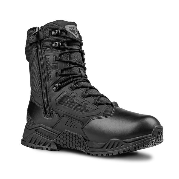 The Condor Brigade 8" Tactical Boots - Zip (Black) feature a side zipper, reinforced toe, textured sole, and lace-up front, shown against a plain light background.