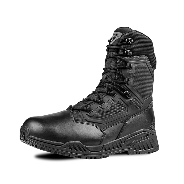 The Condor Brigade 8" Tactical Boots - Zip (Black) feature a reinforced toe, high ankle support, textured sole, and lace-up front. Shown against a plain white background.