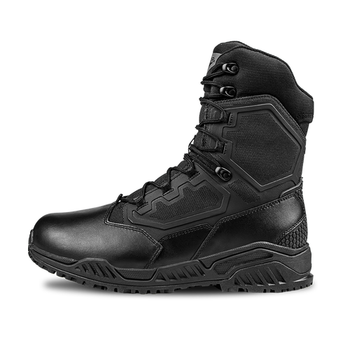 The Condor Brigade 8" Tactical Boots - Zip (Black) feature a high ankle, textured panels, reinforced toe, and heavy-duty sole, shown in a side profile on a white background.