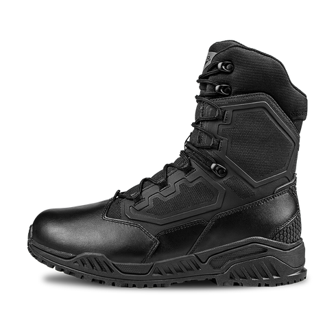 The Condor Brigade 8" Tactical Boots - Zip (Black) feature a high ankle, rugged sole, lace-up front with reinforced design, and are shown on a plain white background.