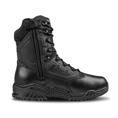 The Condor Brigade 8" Tactical Boots - Zip (Black) feature a side zipper, lace-up front, textured sole, and reinforced panels, shown on a white background.