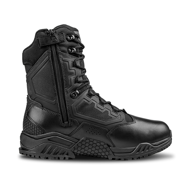 Condor Brigade 8" Tactical Boots - Zip (Black) feature a lace-up front, side zipper, and textured sole; shown in profile against a white background.