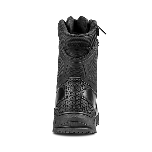 The Condor Brigade 8" Tactical Boots - Zip (Black) are shown from the back, highlighting their hexagonal textured details and rugged sole.