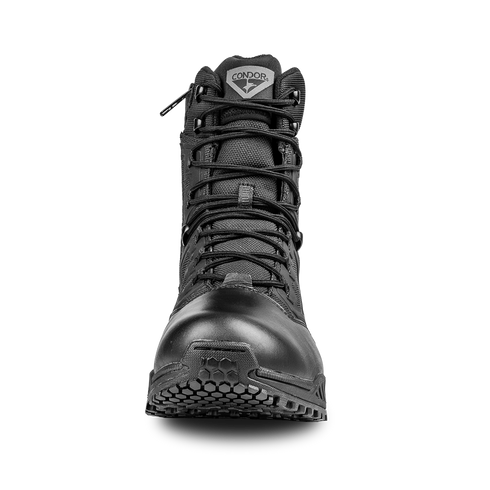 The Condor Brigade 8" Tactical Boots - Zip (Black) feature a high ankle, front laces, mesh and leather panels, and a rugged textured sole.