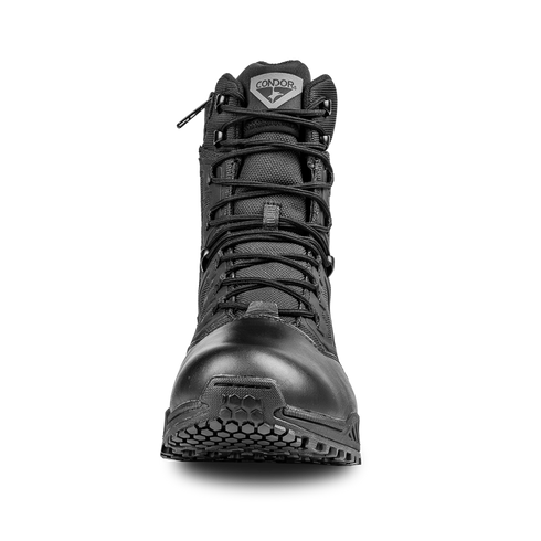 The Condor Brigade 8" Tactical Boots - Zip (Black) feature a high ankle, detailed front laces, and visible Condor branding on the tongue.