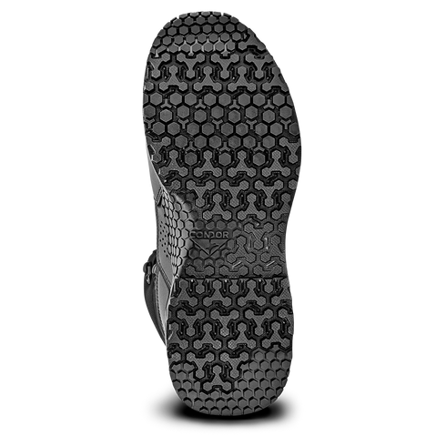 Close-up view of the sole of Condor Brigade 8" Tactical Boots - Zip (Black), highlighting the hexagonal and textured tread pattern for grip.
