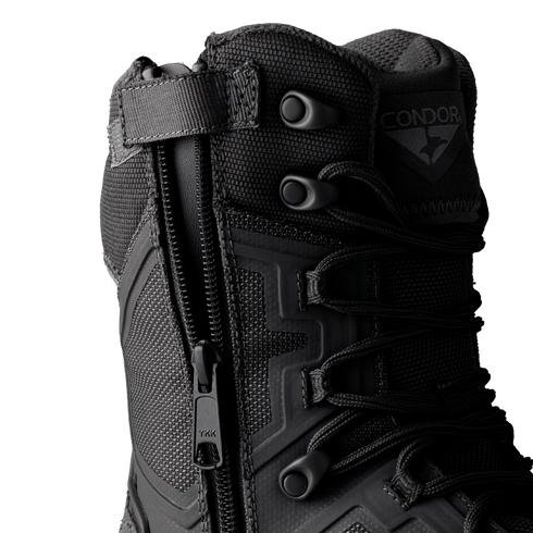Close-up of Condor Brigade 8" Tactical Boots - Zip in black, featuring a side zipper, lace-up front, and the Condor logo on a patch near the ankle.