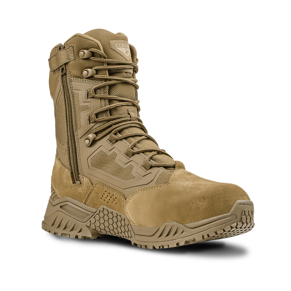 The Condor Brigade 8" Tactical Boots - Zip (Coyote Brown) feature a side zipper, thick treaded sole, reinforced toe, and lace-up front—ideal for rugged outdoor or military use.
