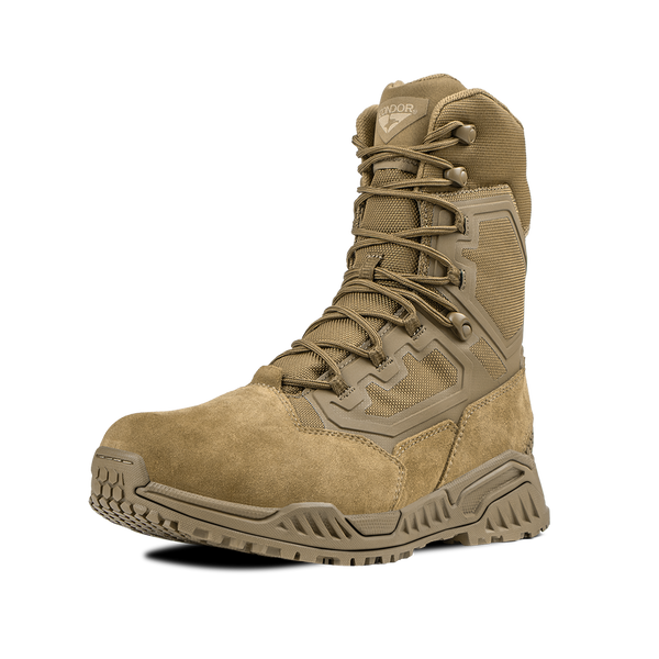 The Condor Brigade 8" Tactical Boots - Zip in coyote brown feature a rugged sole, mesh panels, reinforced toe, and ankle support, displayed against a plain white background.