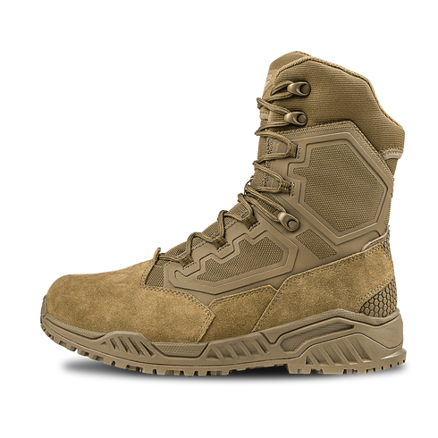 The Condor Brigade 8" Tactical Boots - Zip (Coyote Brown) feature a rugged sole, high ankle support, reinforced heel, mesh and suede build, and lace-up closure; shown side view on a white background.