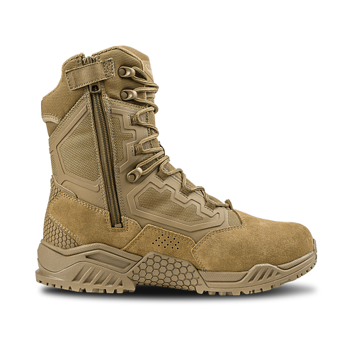 The Condor Brigade 8" Tactical Boots - Zip (Coyote Brown) feature a rugged sole, side zipper, laces, and reinforced panels for durability and outdoor performance.