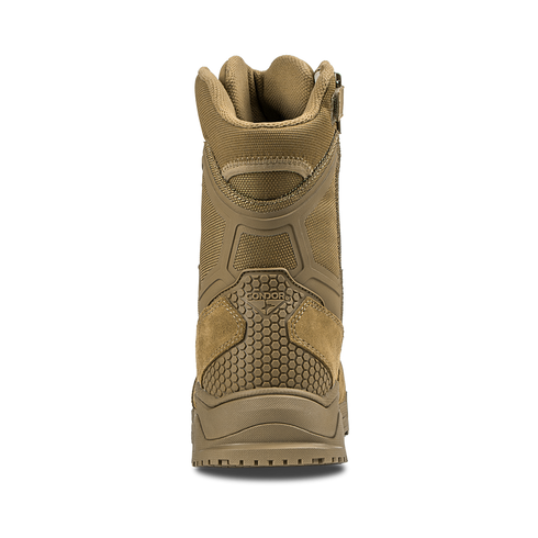 The Condor Brigade 8" Tactical Boots - Zip in Coyote Brown are shown from the back, highlighting the rugged sole, textured heel, padded upper, and Condor branding above the heel.