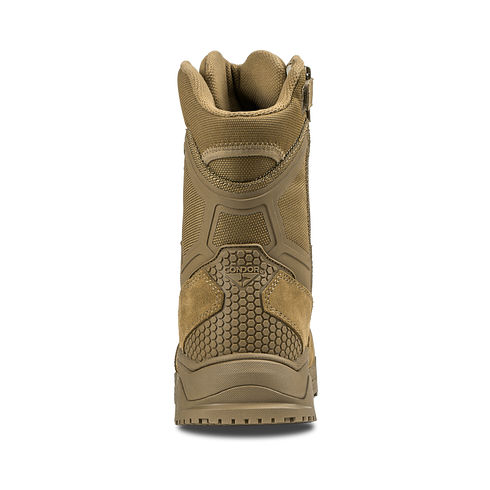 The Condor Brigade 8" Tactical Boots - Zip in Coyote Brown, shown from the back, display textured panels, a reinforced heel, and "Condor" branding on the heel.