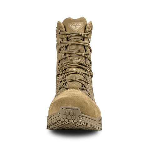 Front view of Condor Brigade 8" Tactical Boots - Zip in coyote brown, featuring laces, mesh panels, and a rugged rubber sole, set against a plain white background.