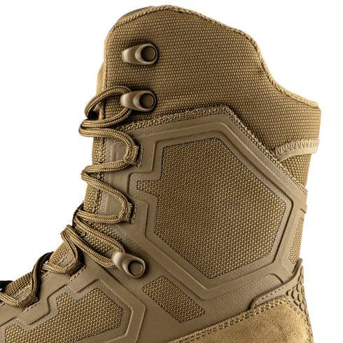 Close-up of Condor Brigade 8" Tactical Boots - Zip in Coyote Brown, featuring textured fabric, rubberized panels, and metal eyelets.