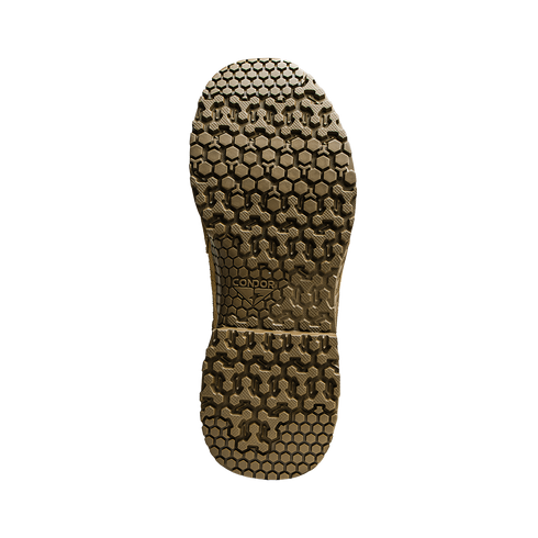The sole of the Condor Brigade 8" Tactical Boots - Zip (Coyote Brown) features a textured, hexagonal tread and "CONDOR" embossed near the arch, shown against a white background.