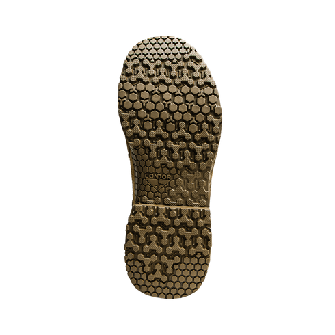 The image shows the sole of the Condor Brigade 8" Tactical Boots - Zip (Coyote Brown) featuring a hexagonal and cross-shaped tread pattern with "CONDOR" printed near the center.