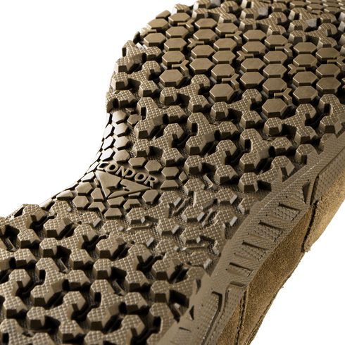Close-up of the textured, hexagonal-patterned sole of the Condor Brigade 8" Tactical Boots - Zip (Coyote Brown), highlighting detailed tread design for superior grip.