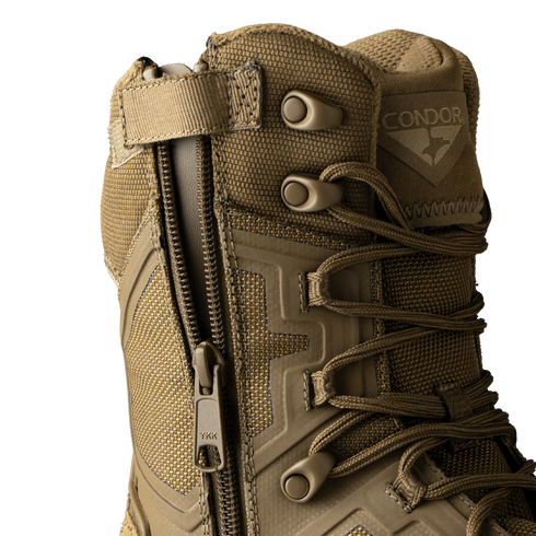 Close-up of Condor Brigade 8" Tactical Boots - Zip in Coyote Brown, featuring a side zipper, laces, textured fabric, and the Condor logo on the tongue.