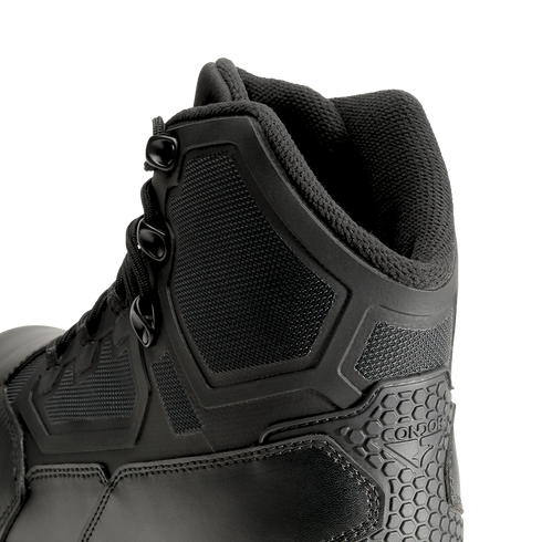 Close-up of Condor's Brigade 6" Tactical Boots in black, featuring mesh panels, textured accents, and metal eyelets for laces.