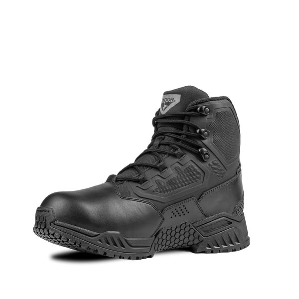 The Condor Brigade 6" Tactical Boots in black feature a rugged sole, reinforced upper, metal eyelets, mesh panels, and visible stitching, shown on a plain white background.