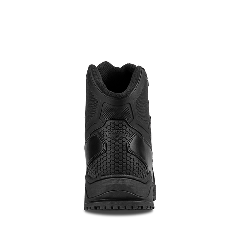 The Condor Brigade 6" Tactical Boots in black are shown from the back, highlighting the textured and patterned detailing on the heel and sole.